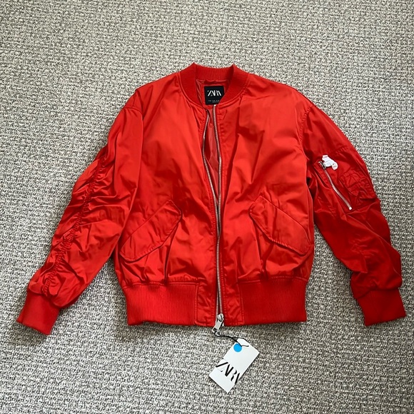 New Zara Men Red Orange Bomber Jacket Top Coat M - Picture 1 of 8